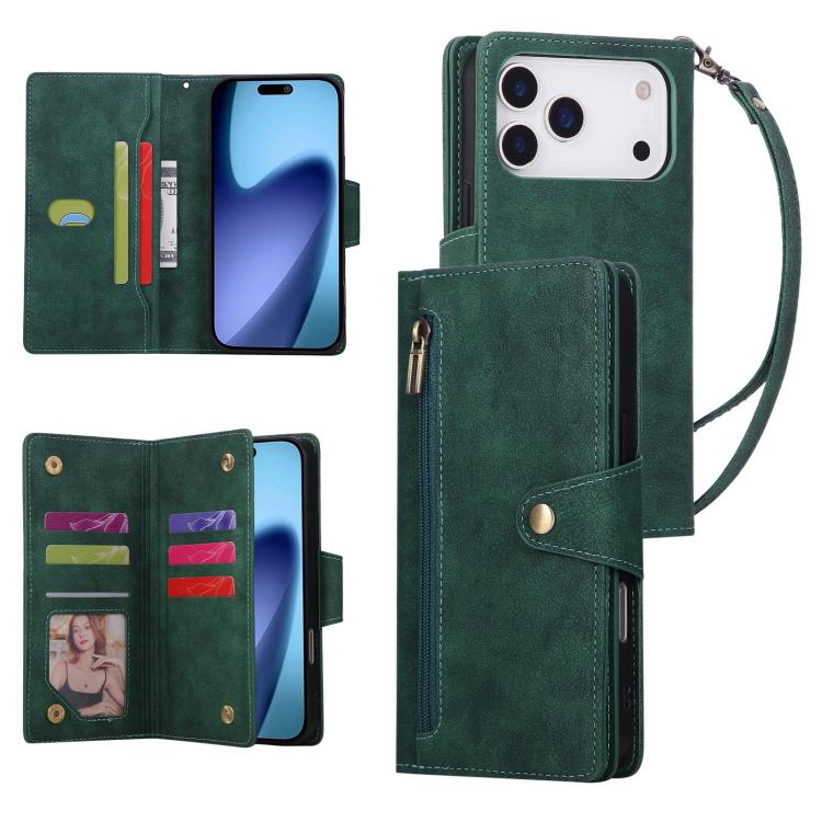 For iPhone 17 Pro Max Rivet Buckle 9 Cards Three Fold Leather Phone Case(Green)