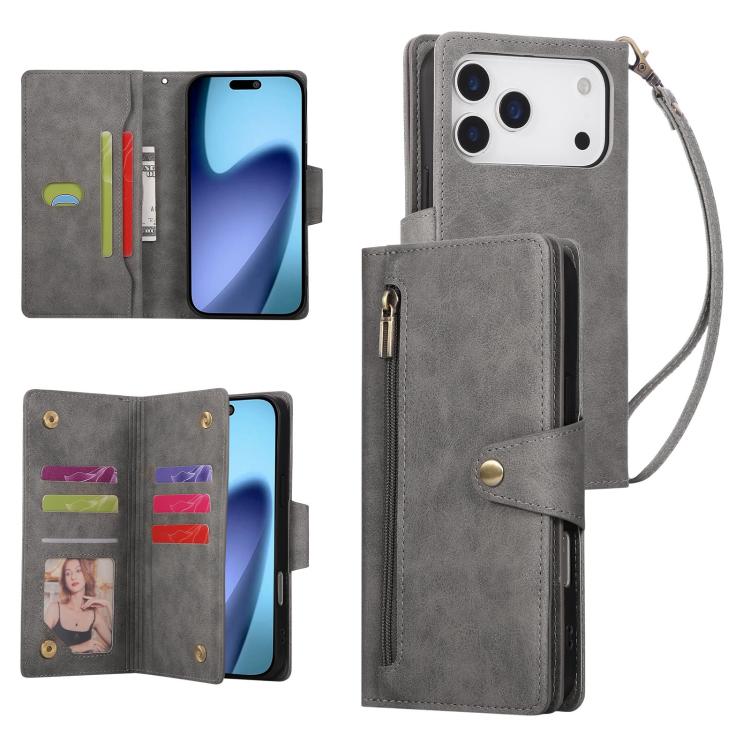 For iPhone 17 Pro Max Rivet Buckle 9 Cards Three Fold Leather Phone Case(Grey)