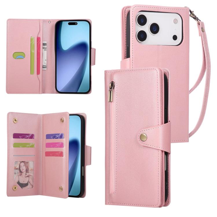 For iPhone 17 Pro Max Rivet Buckle 9 Cards Three Fold Leather Phone Case(Rose Gold)