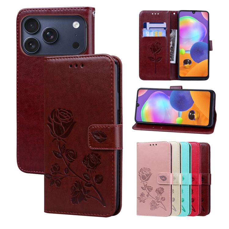 For iPhone 17 Pro Max Rose Embossed Flip PU Leather Phone Case(Brown)