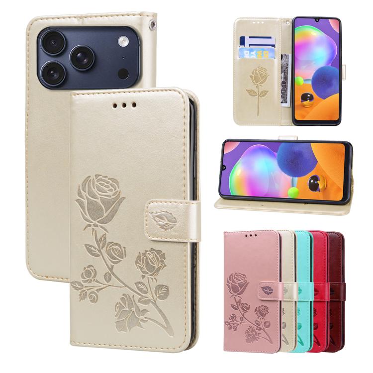 For iPhone 17 Pro Max Rose Embossed Flip PU Leather Phone Case(Gold)