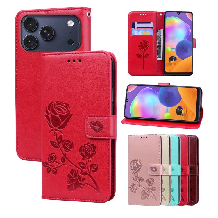 For iPhone 17 Pro Max Rose Embossed Flip PU Leather Phone Case(Red)