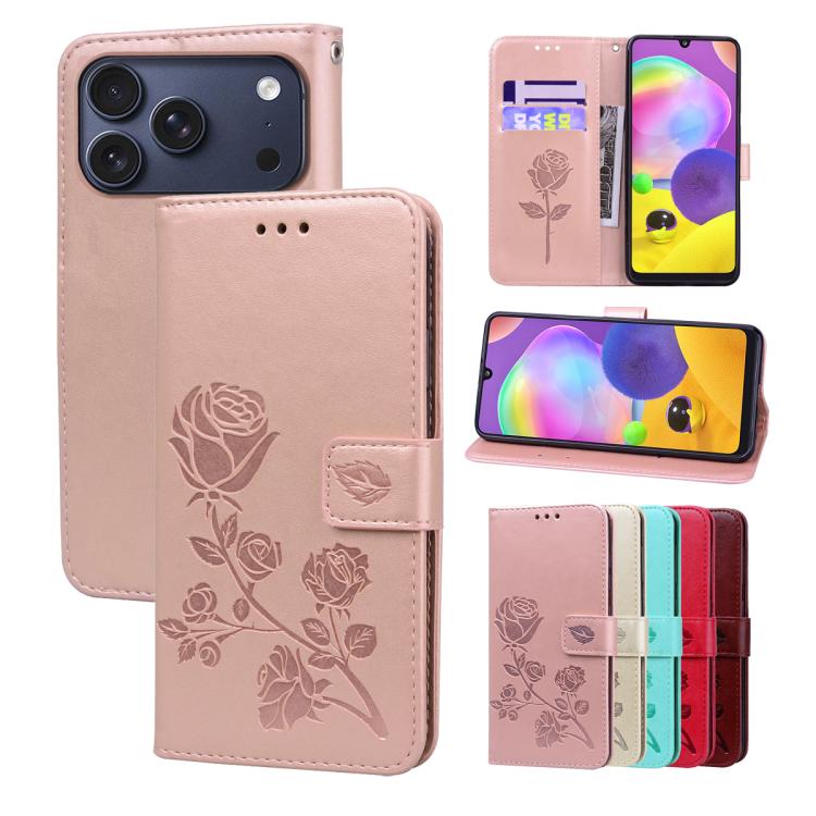 For iPhone 17 Pro Max Rose Embossed Flip PU Leather Phone Case(Rose Gold)