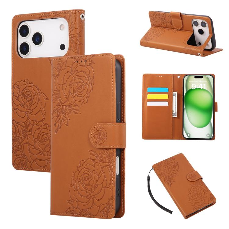 For iPhone 17 Pro Max Rose Flower Embossed 3-Card Slots Leather Phone Case(Brown)
