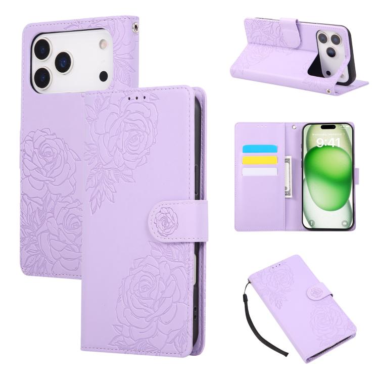 For iPhone 17 Pro Max Rose Flower Embossed 3-Card Slots Leather Phone Case(Purple)