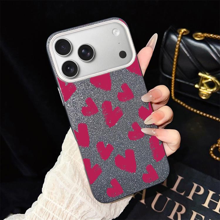 For iPhone 17 Pro Max Rose Red Hearts Pattern IMD Glitter PC Hybrid TPU Phone Case(Black)