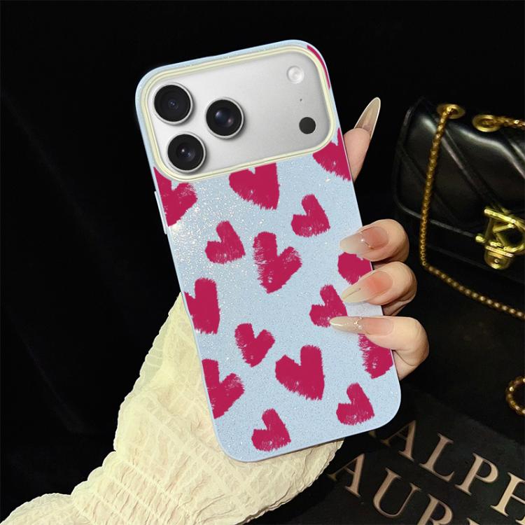 For iPhone 17 Pro Max Rose Red Hearts Pattern IMD Glitter PC Hybrid TPU Phone Case(Blue)