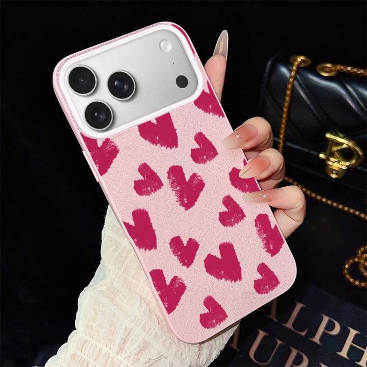 For iPhone 17 Pro Max Rose Red Hearts Pattern IMD Glitter PC Hybrid TPU Phone Case(Pink)