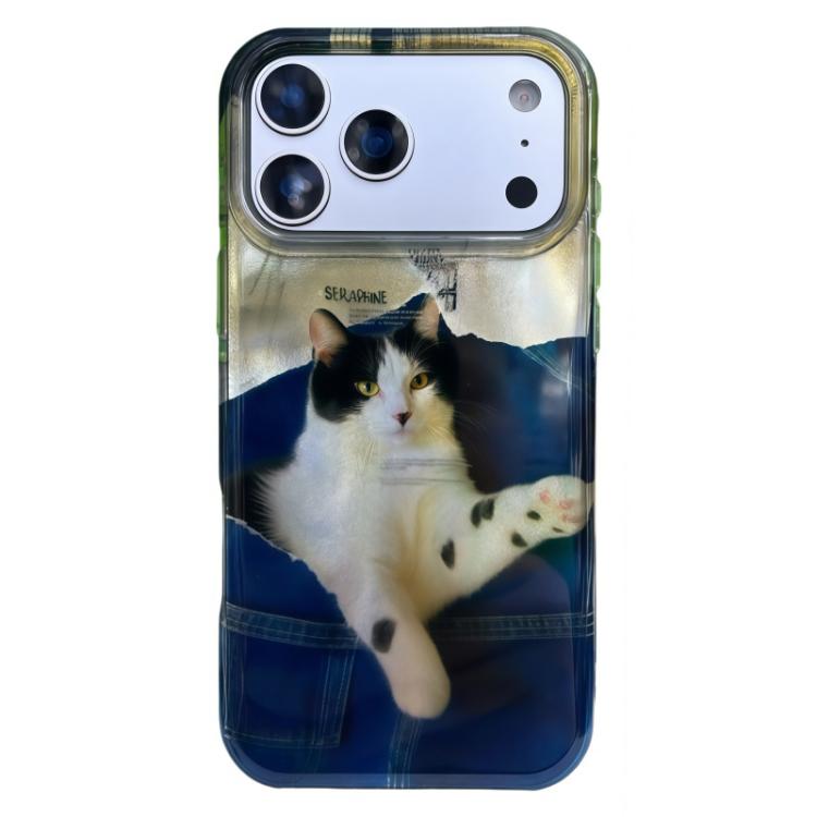 For iPhone 17 Pro Max Rounded Edge IMD Pattern TPU Phone Case(Dark Blue Cat)
