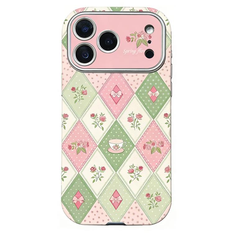 For iPhone 17 Pro Max Rounded Edge Large Window Silicone Phone Case(Diamond-grid Flowers)