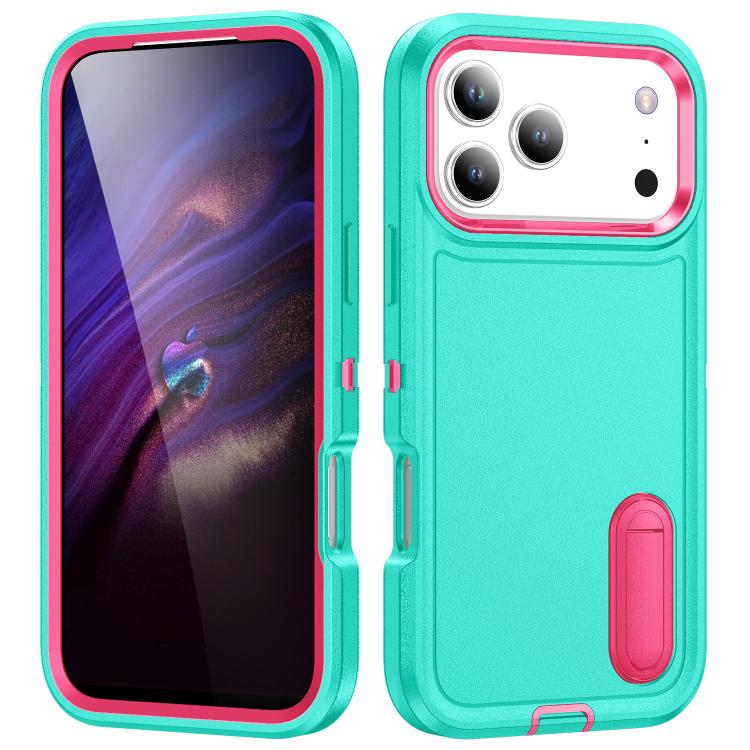 For iPhone 17 Pro Max Rugged PC + Silicone Phone Case with Holder(Light Green+Rose Red)