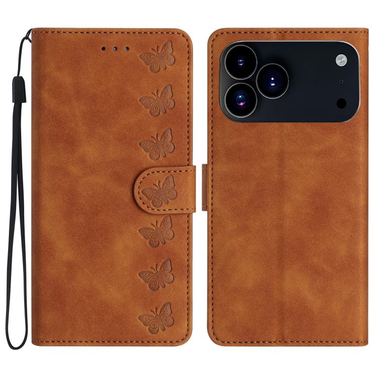 For iPhone 17 Pro Max Seven Butterflies Embossed Leather Phone Case(Brown)
