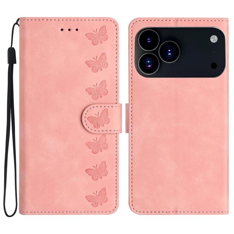 For iPhone 17 Pro Max Seven Butterflies Embossed Leather Phone Case(Pink)