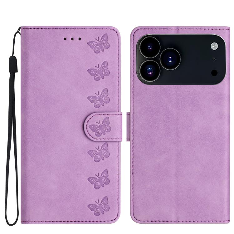 For iPhone 17 Pro Max Seven Butterflies Embossed Leather Phone Case(Purple)