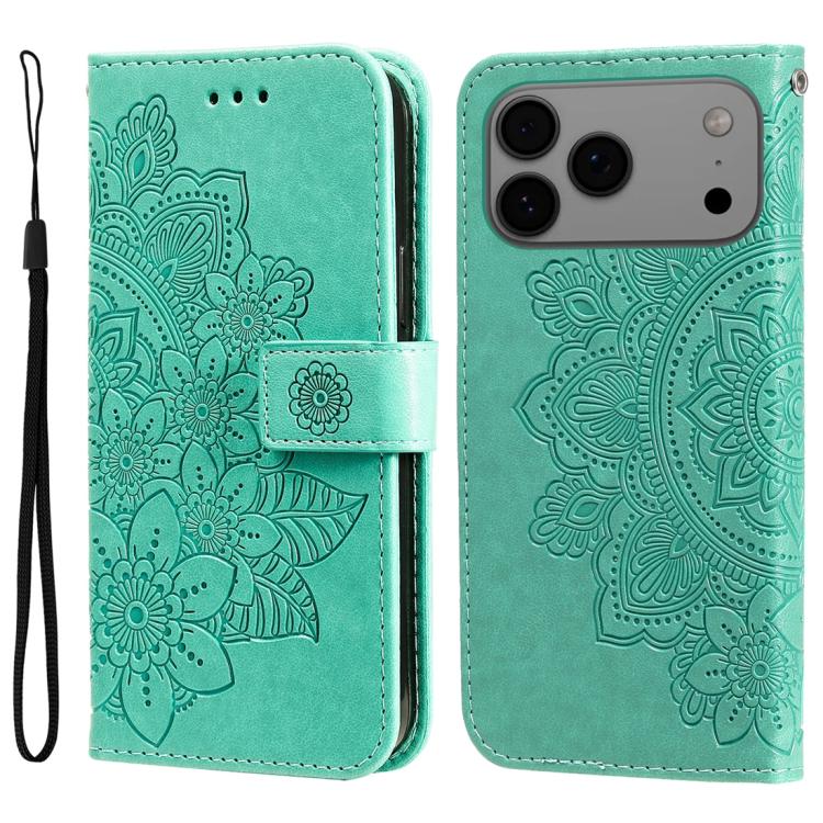 For iPhone 17 Pro Max Seven-petal Flowers Embossing Leather Phone Case(Green)
