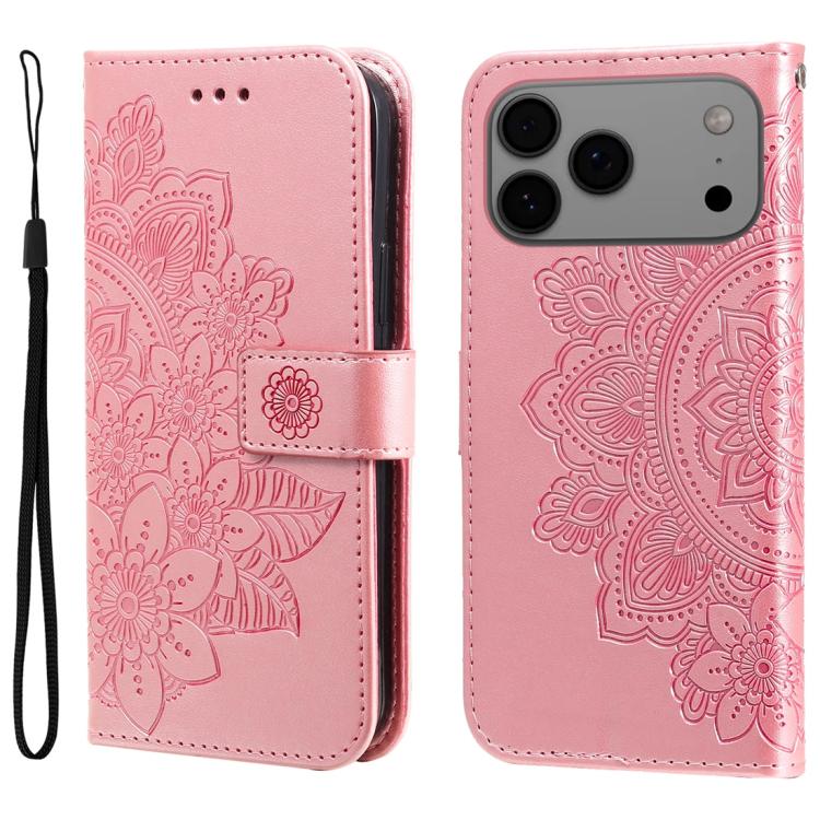 For iPhone 17 Pro Max Seven-petal Flowers Embossing Leather Phone Case(Rose Gold)
