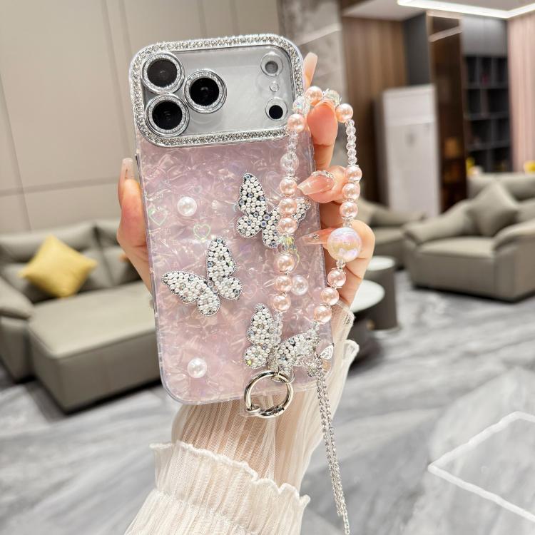 For iPhone 17 Pro Max Shell Texture 3D Pearl Butterfly Diamond Glitter Phone Case with Bracelet Chain(Blue)