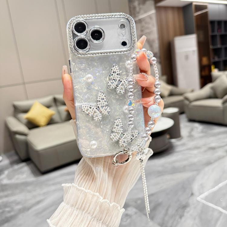 For iPhone 17 Pro Max Shell Texture 3D Pearl Butterfly Diamond Glitter Phone Case with Bracelet Chain(Green)