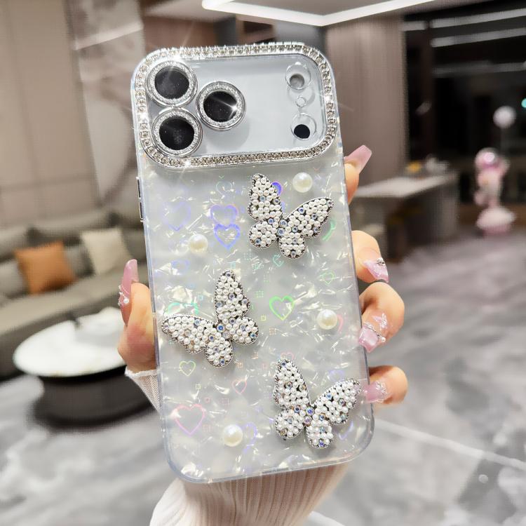 For iPhone 17 Pro Max Shell Texture 3D Pearl Butterfly Diamond Glitter Phone Case(White)