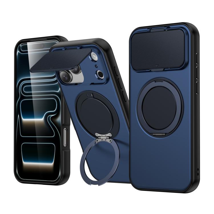 For iPhone 17 Pro Max ShellGod Magnetic Rotation Holder Lens Shield PC TPU Hybrid Phone Case(Blue)