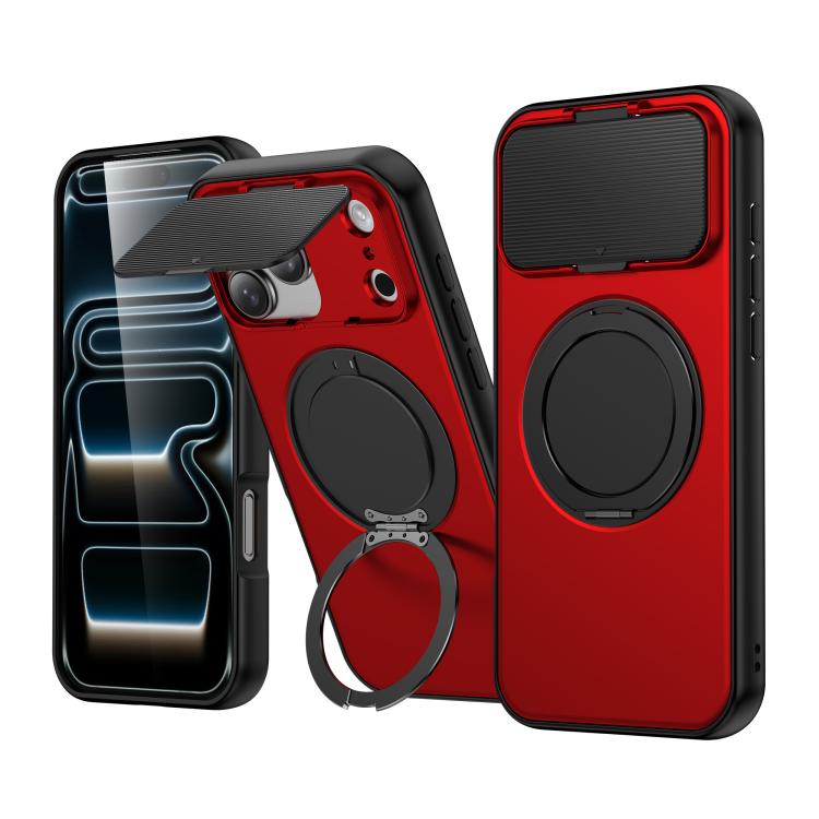 For iPhone 17 Pro Max ShellGod Magnetic Rotation Holder Lens Shield PC TPU Hybrid Phone Case(Red)