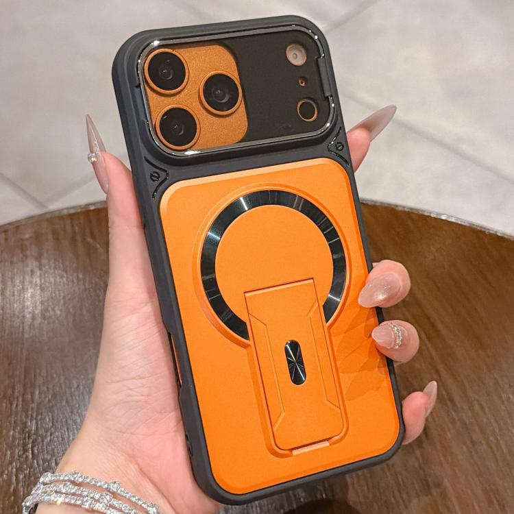 For iPhone 17 Pro Max Shockproof Lens Cover Magnetic Phone Case with Hidden Holder(Orange)
