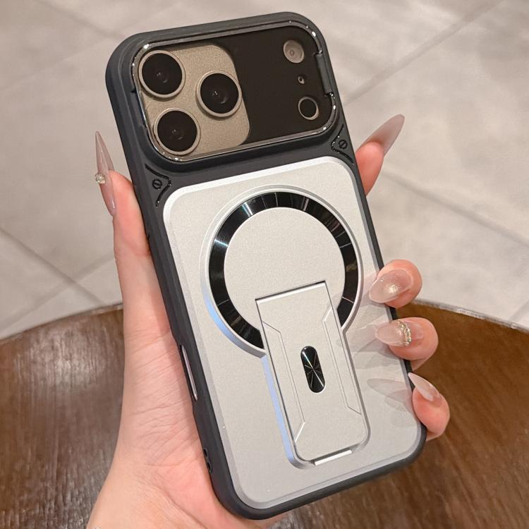 For iPhone 17 Pro Max Shockproof Lens Cover Magnetic Phone Case with Hidden Holder(Silver)
