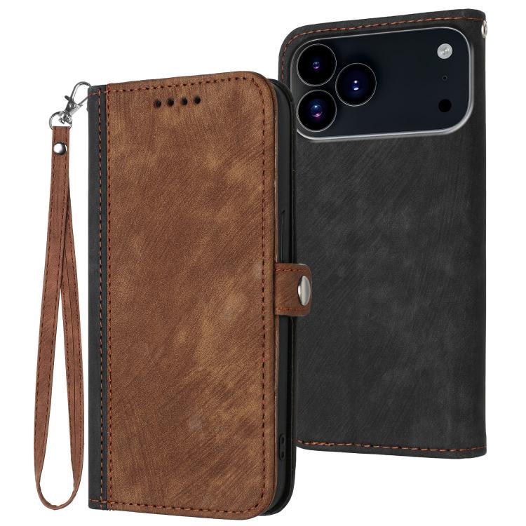 For iPhone 17 Pro Max Side Buckle Double Fold Hand Strap Leather Phone Case(Brown)
