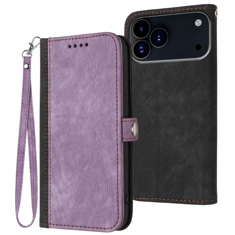 For iPhone 17 Pro Max Side Buckle Double Fold Hand Strap Leather Phone Case(Purple)