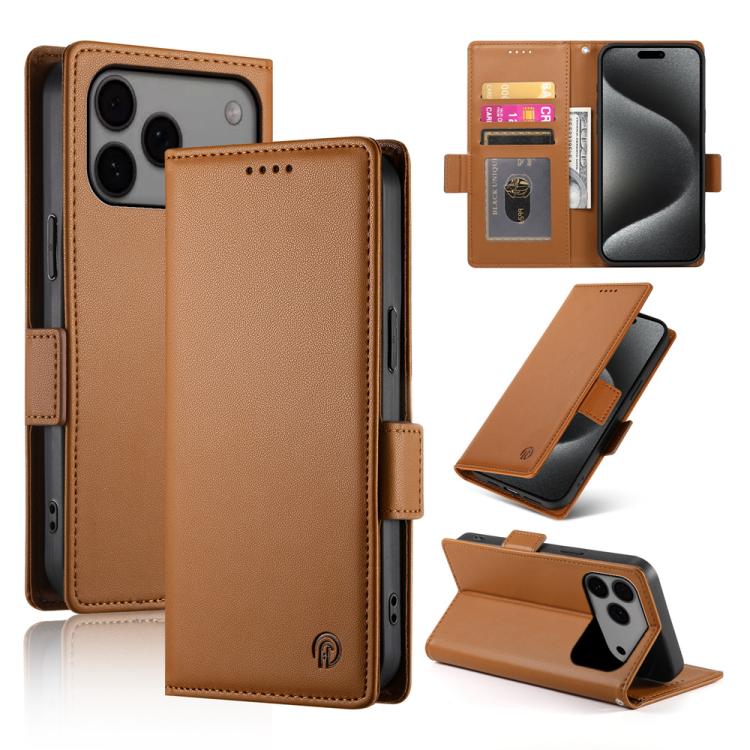 For iPhone 17 Pro Max Side Buckle Magnetic Frosted Leather Phone Case(Brown)