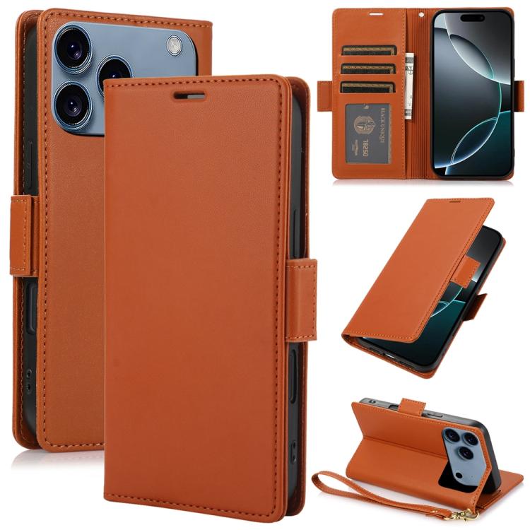 For iPhone 17 Pro Max Side Buckle RFID Anti-theft Leather Phone Case(Brown)