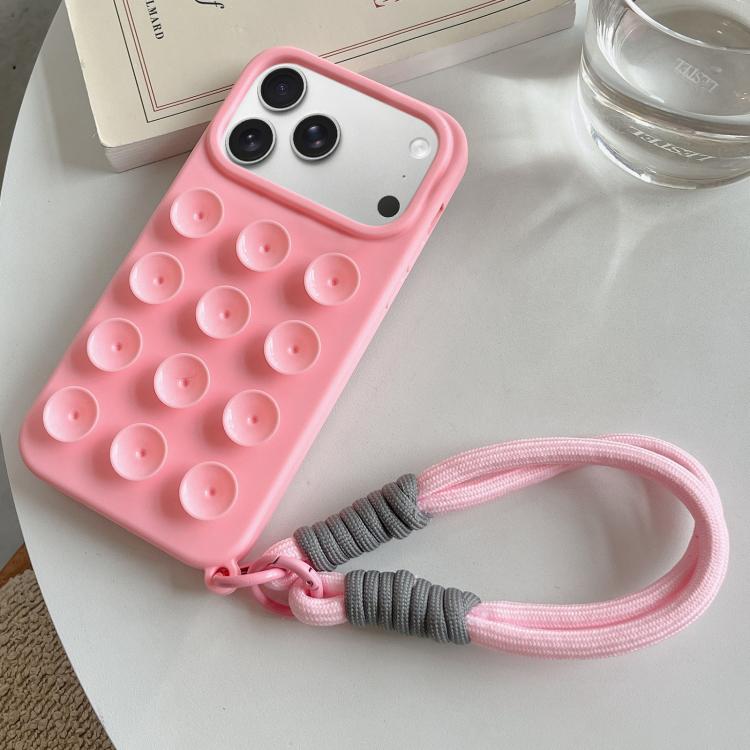 For iPhone 17 Pro Max Simple Suction Cup Silicone Phone Case with Lanyard(Pink)