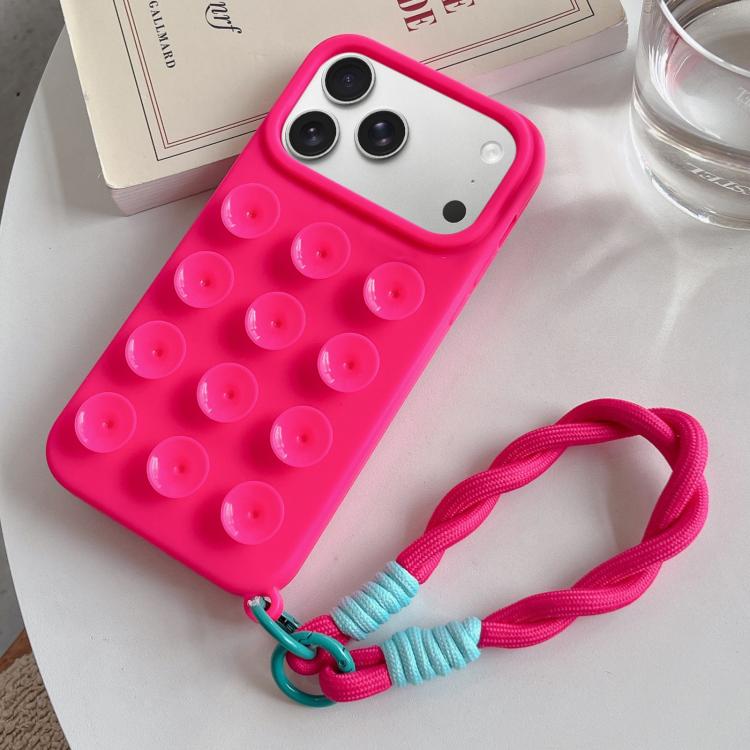 For iPhone 17 Pro Max Simple Suction Cup Silicone Phone Case with Lanyard(Rose Red)