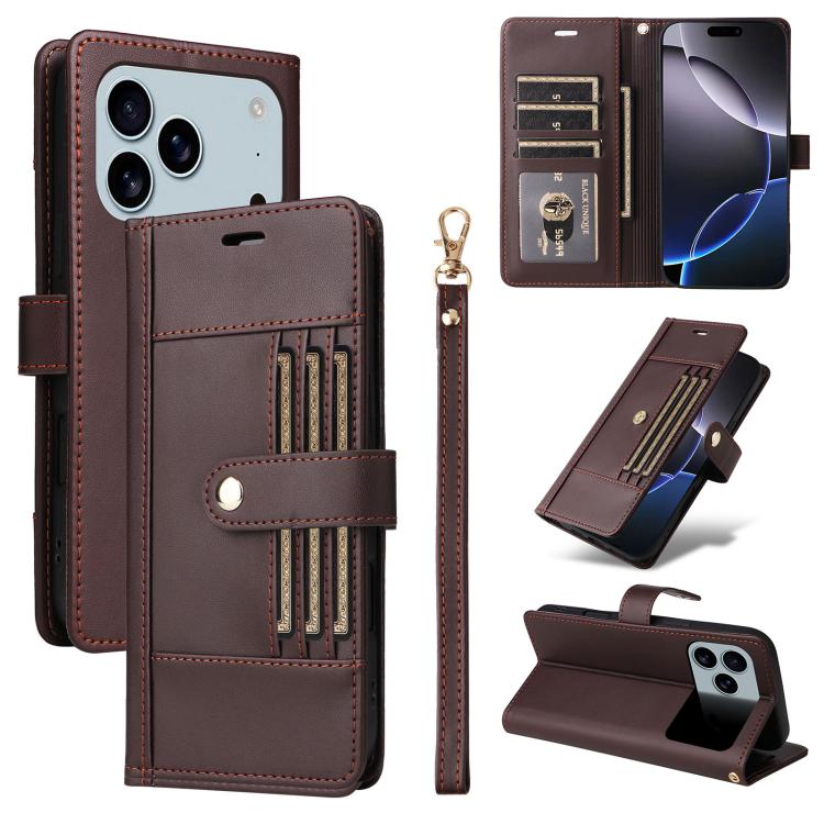 For iPhone 17 Pro Max Six Card Slots Buckle Leather Phone Case with Lanyard(Coffee)