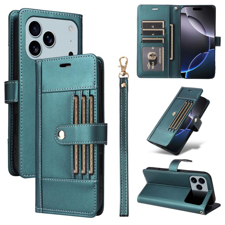 For iPhone 17 Pro Max Six Card Slots Buckle Leather Phone Case with Lanyard(Green)