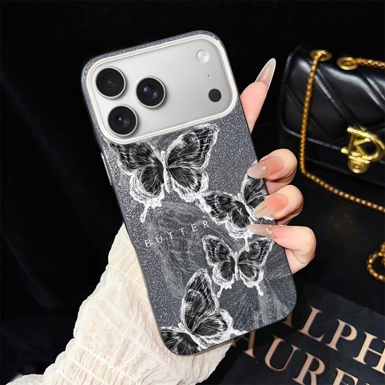 For iPhone 17 Pro Max Sketch Butterflies Pattern IMD Glitter PC Hybrid TPU Phone Case(Black)