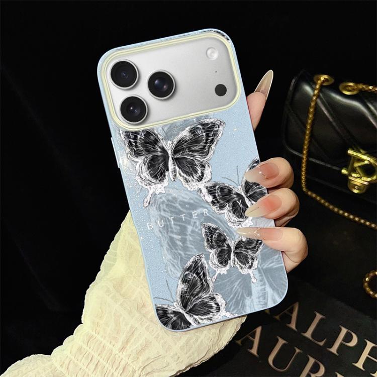 For iPhone 17 Pro Max Sketch Butterflies Pattern IMD Glitter PC Hybrid TPU Phone Case(Blue)