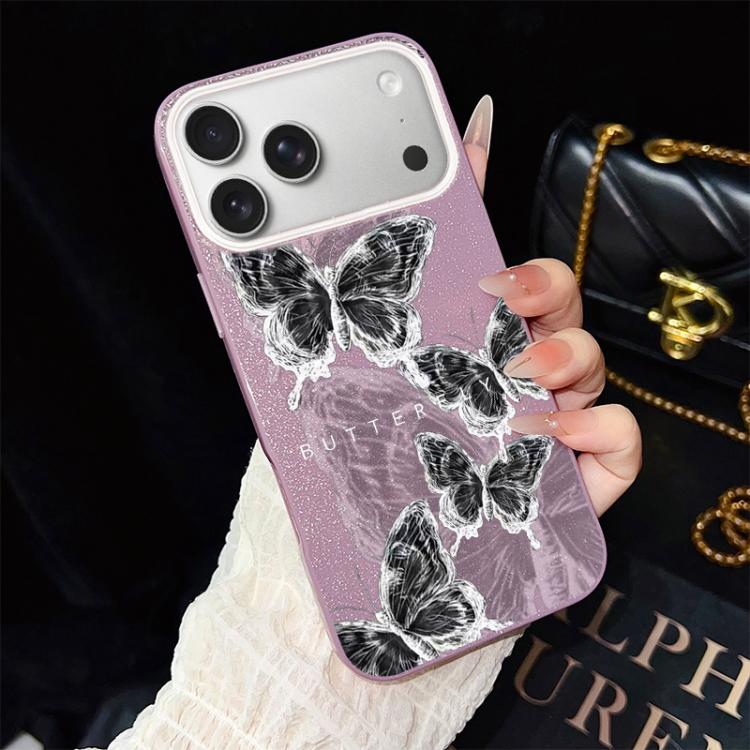 For iPhone 17 Pro Max Sketch Butterflies Pattern IMD Glitter PC Hybrid TPU Phone Case(Purple)