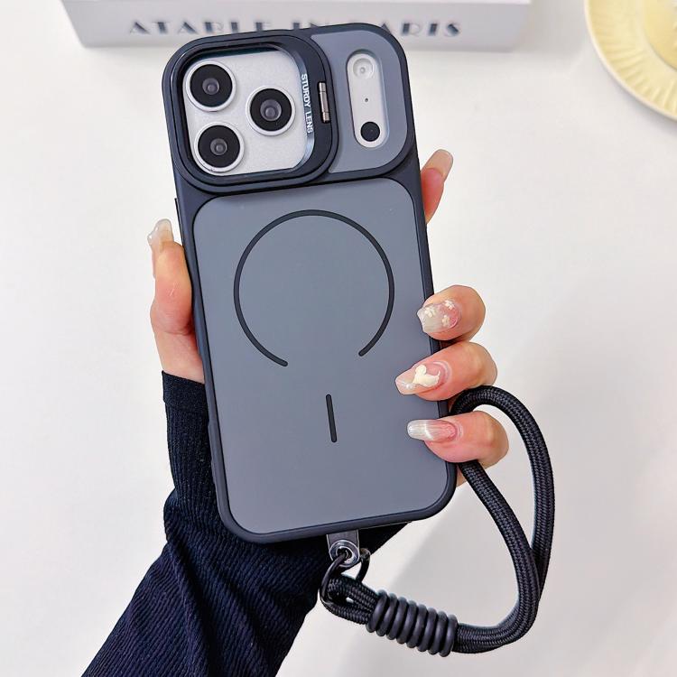 For iPhone 17 Pro Max Skin Feel Camera Holder Fine Circle Magnetic Phone Case with Lanyard(Black)