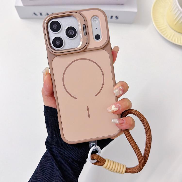 For iPhone 17 Pro Max Skin Feel Camera Holder Fine Circle Magnetic Phone Case with Lanyard(Desert Gold)
