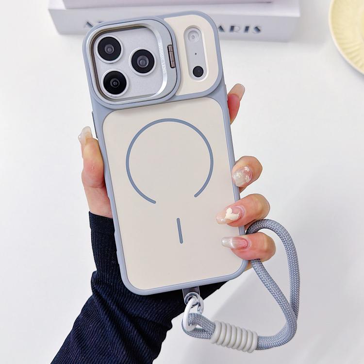 For iPhone 17 Pro Max Skin Feel Camera Holder Fine Circle Magnetic Phone Case with Lanyard(Grey)