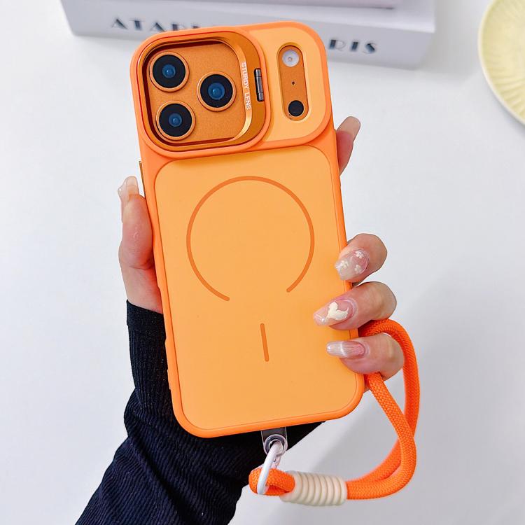 For iPhone 17 Pro Max Skin Feel Camera Holder Fine Circle Magnetic Phone Case with Lanyard(Orange)