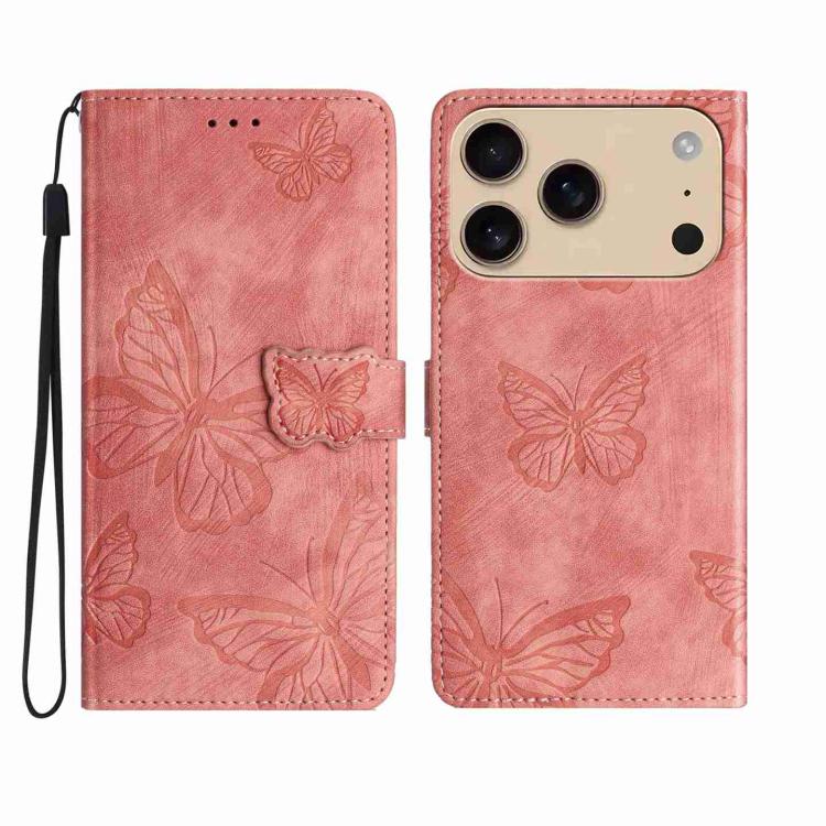 For iPhone 17 Pro Max Skin-feel Embossed Butterfly Leather Phone Case(Pink)