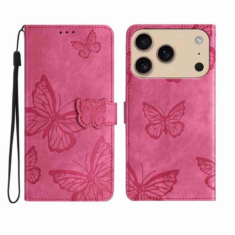 For iPhone 17 Pro Max Skin-feel Embossed Butterfly Leather Phone Case(Rose Red)
