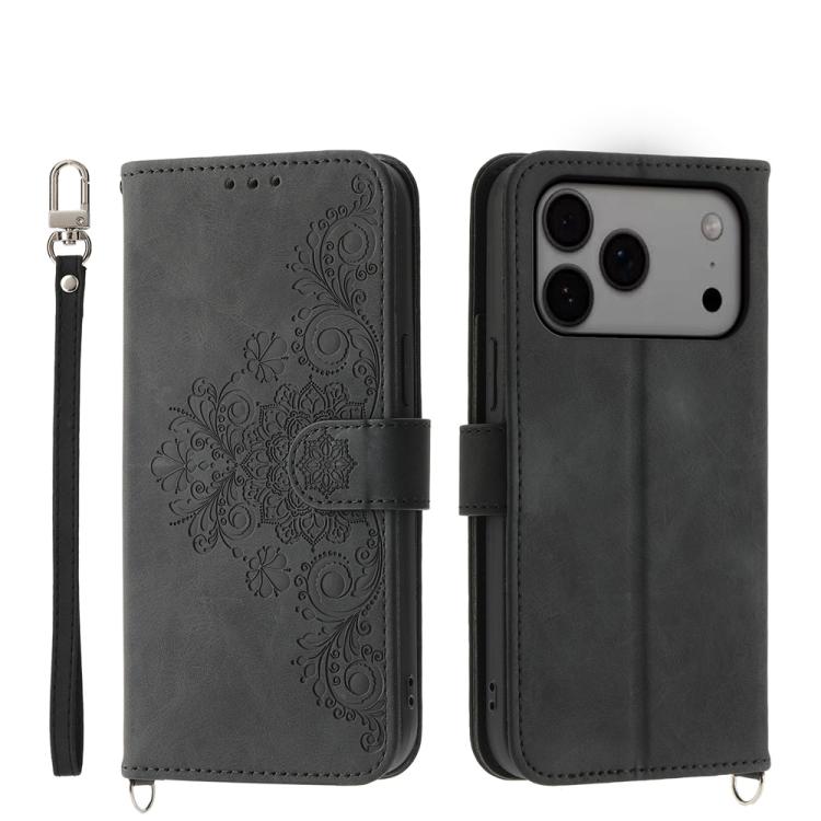For iPhone 17 Pro Max Skin-feel Flowers Embossed Wallet Leather Phone Case(Black)