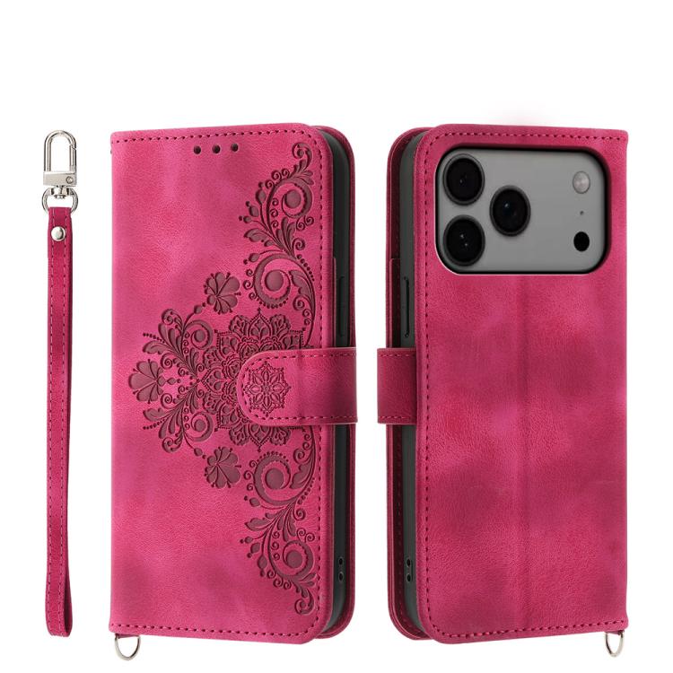 For iPhone 17 Pro Max Skin-feel Flowers Embossed Wallet Leather Phone Case(Wine Red)