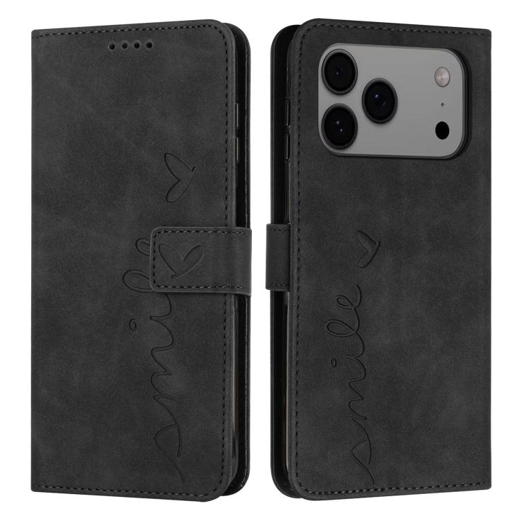 For iPhone 17 Pro Max Skin Feel Heart Embossed Leather Phone Case with Long Lanyard(Black)