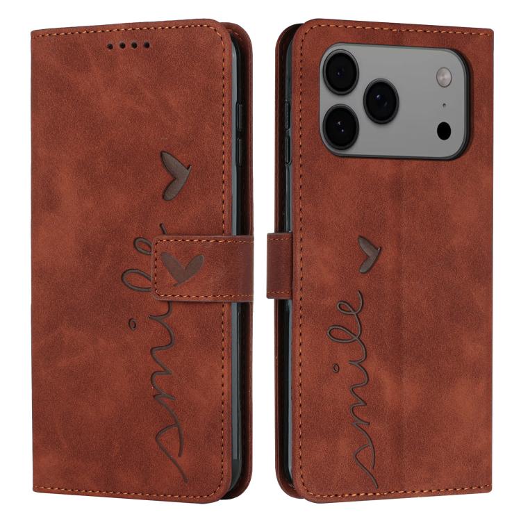 For iPhone 17 Pro Max Skin Feel Heart Embossed Leather Phone Case with Long Lanyard(Brown)
