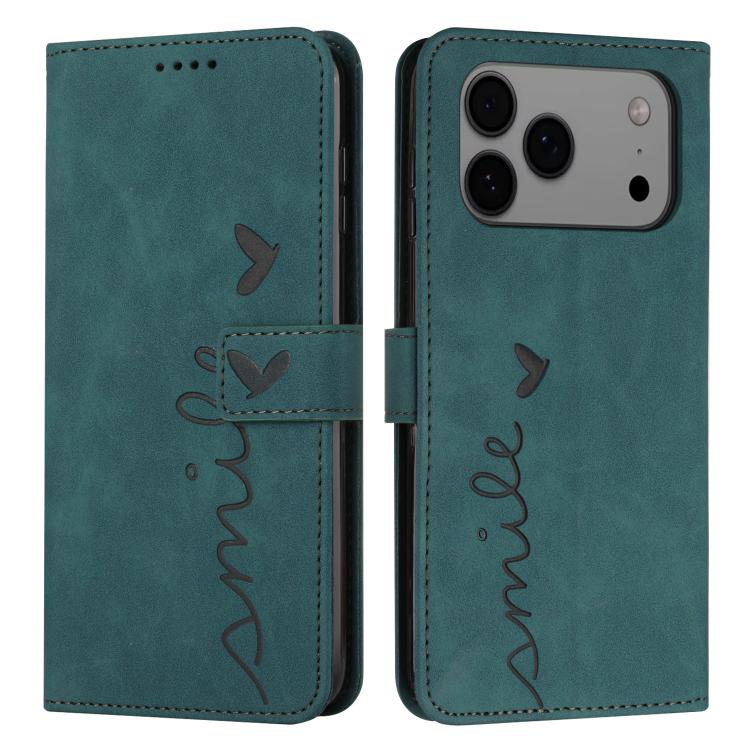 For iPhone 17 Pro Max Skin Feel Heart Embossed Leather Phone Case with Long Lanyard(Green)