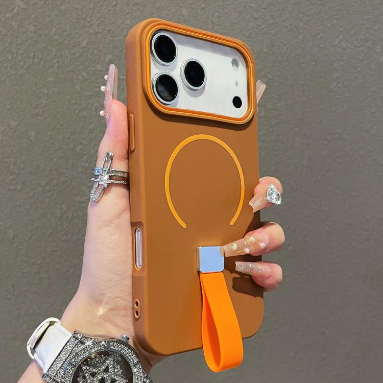 For iPhone 17 Pro Max Skin-feel Magnetic TPU Phone Case with Silicone Strap(Brown)